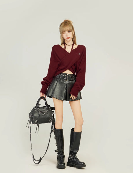 Wine Red V-neck Off-shoulder Short Sweater For Women