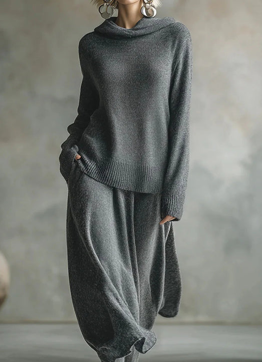 Women's Solid Color Long Sleeve Loose Hooded Top High Waist Casual A-Line Skirt Set