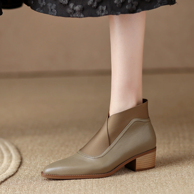 Retro Pointed Toe Chunky Heel Booties