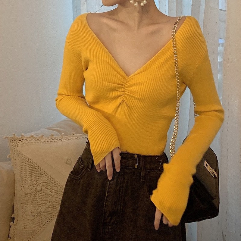 Pleated V-neck Knitted Bottoming Shirt Long Sleeve Sweater