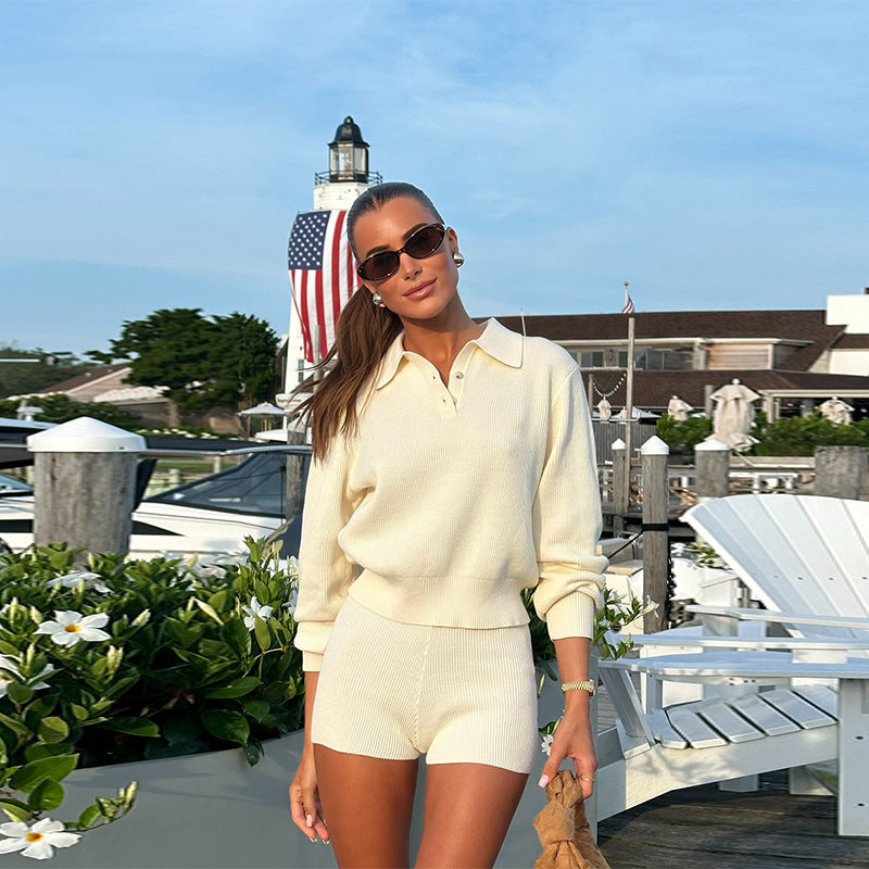 Fashionable Casual Lapel Sweater Knit Top And Shorts Set