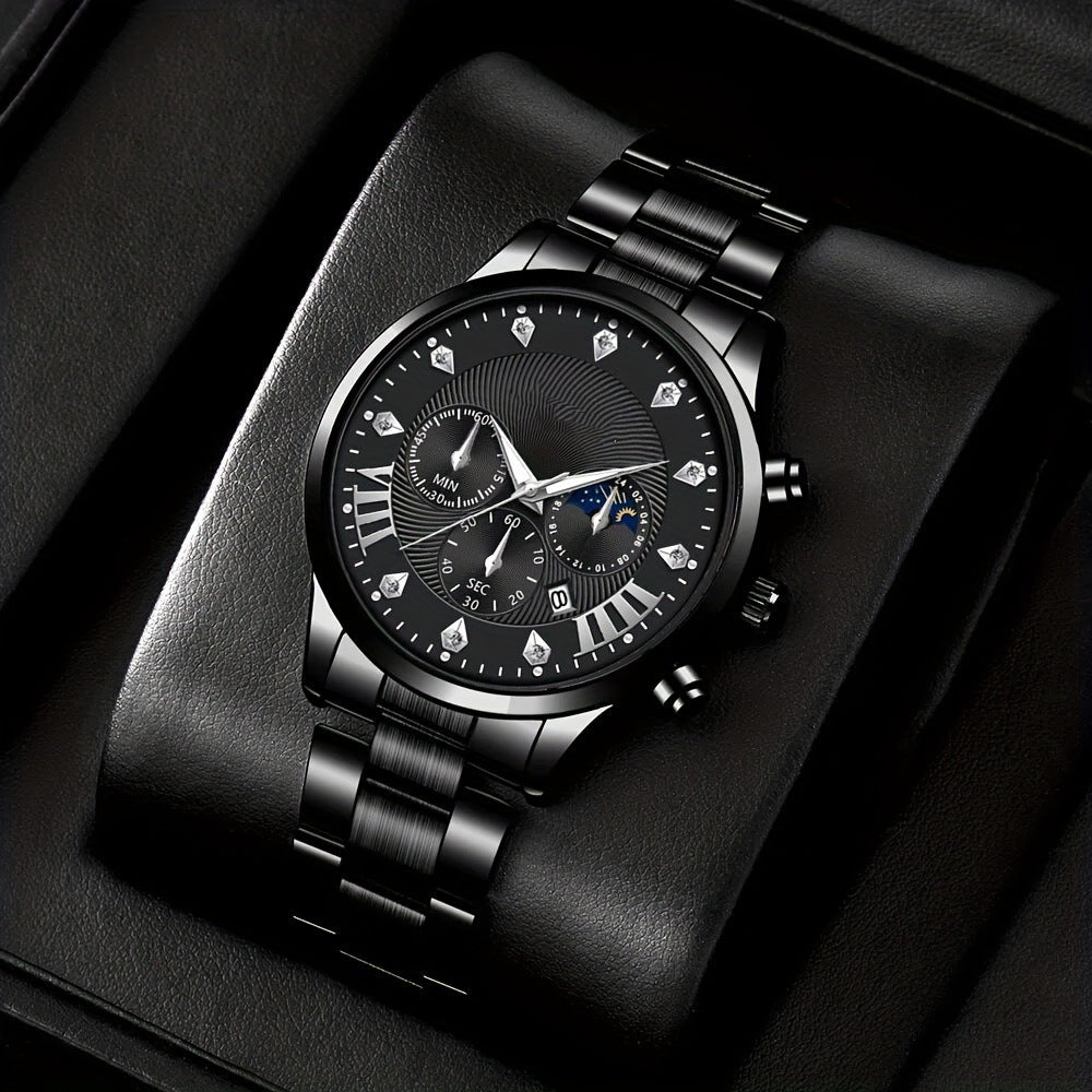 Diamond Men's Steel Strap Watch Sun Moon Star Calendar Quartz