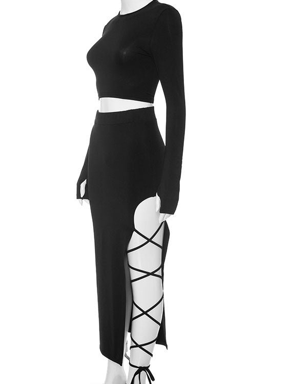 Solid Color Casual Long-sleeved Round Neck Top And Slim-fit Tie-up Skirt Set