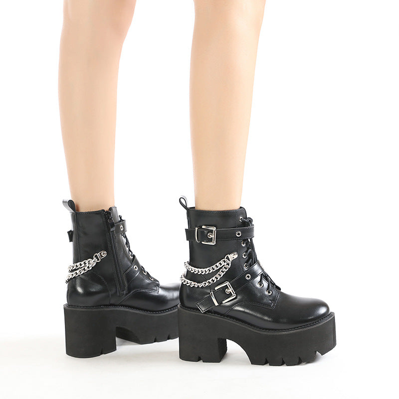 Chunky Heel Platform Women's Boots Belt Buckle