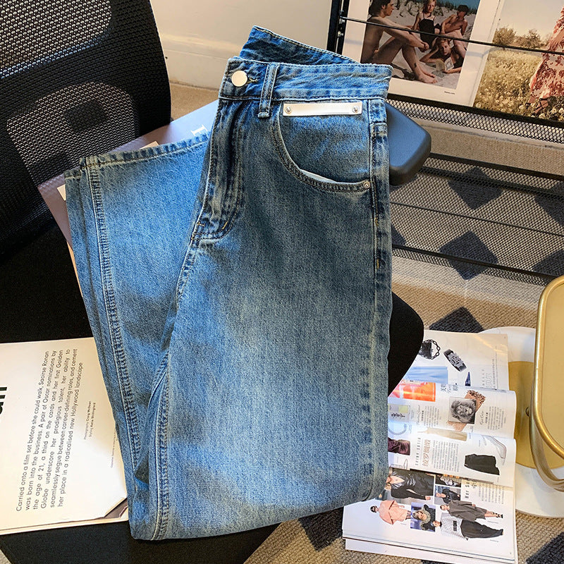 Dame højtaljede mopping-jeans løse vidde ben lige bukser