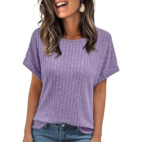 Solid Color Round Neck Sunken Stripe Casual Short-sleeved T-shirt For Women