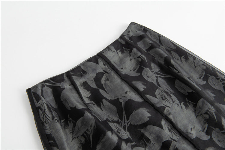 Spring And Summer New Retro High Waist Mesh Floral Print Split Skirt For Women