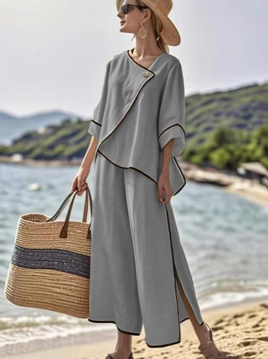 Womens Vacation-Ready Loose Striped Print Wide-Leg Pants Set