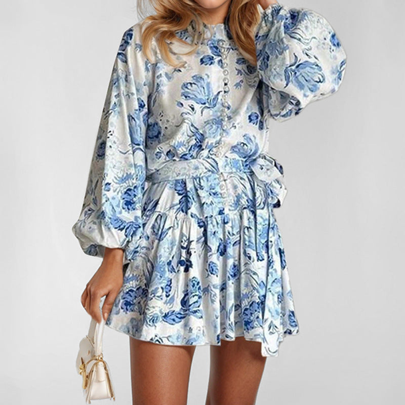 Womens Printed Tie Waist Short Dress