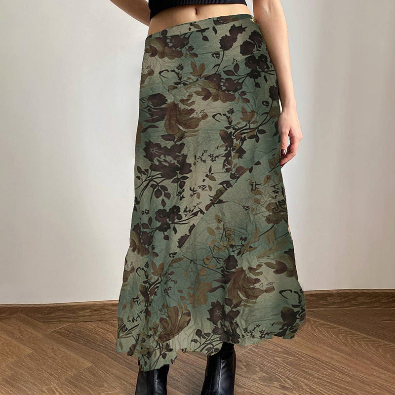 Retro Deciduous Printing Irregular Split Design Skirt