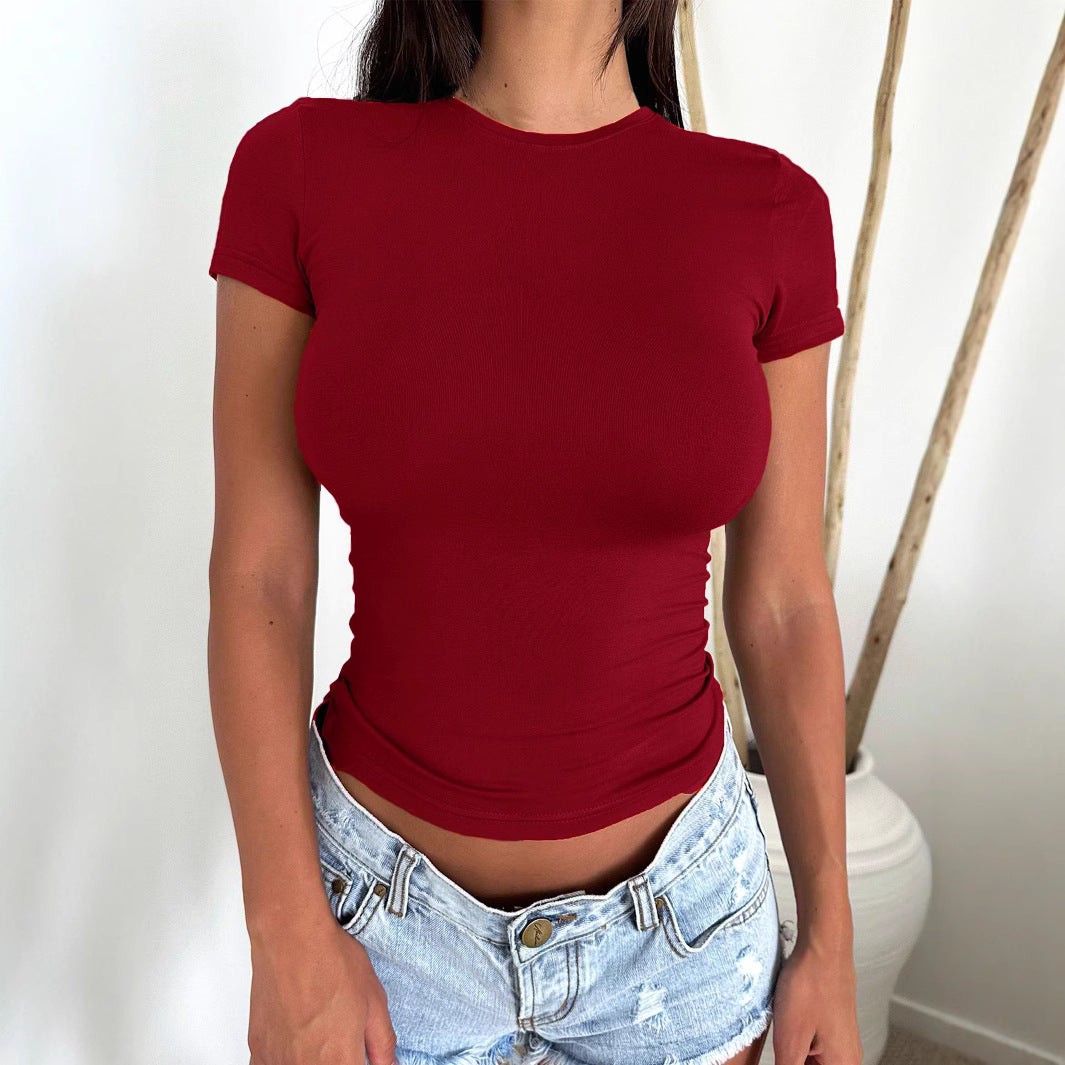 European And American Sexy Hot Girl Slim-fit Slimming Solid Color Short Sleeve