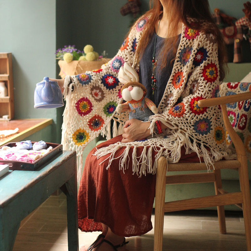 Pure Handmade Retro Mori Women's Literary Fan Wool Scarf Shawl