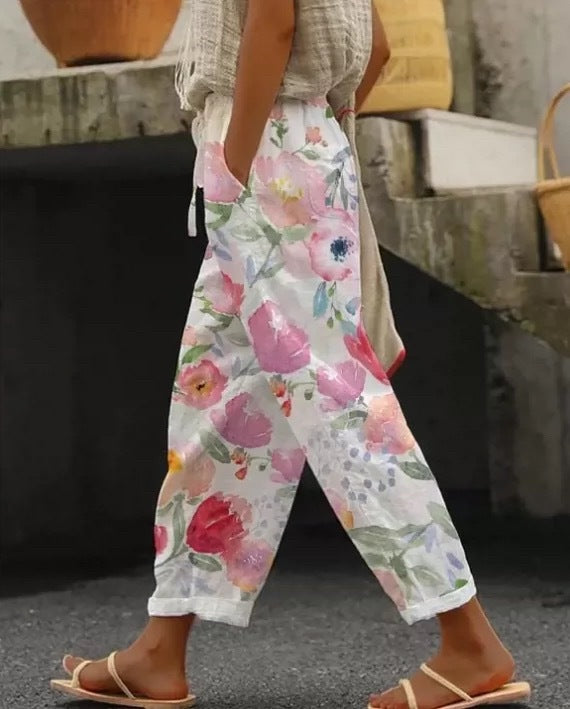 Feminine Digital Printed Minimalist Rolled Edge Casual Pants