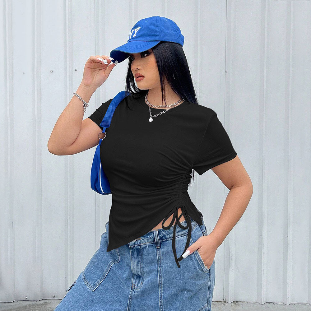 Simple Style Round Neck T-shirt Slim Fit Solid Color Top