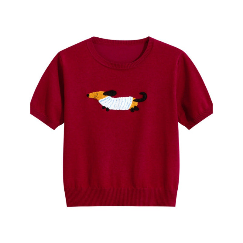 Cartoon Puppy Round Neck Knitted T-shirt Shory Style T-shirt