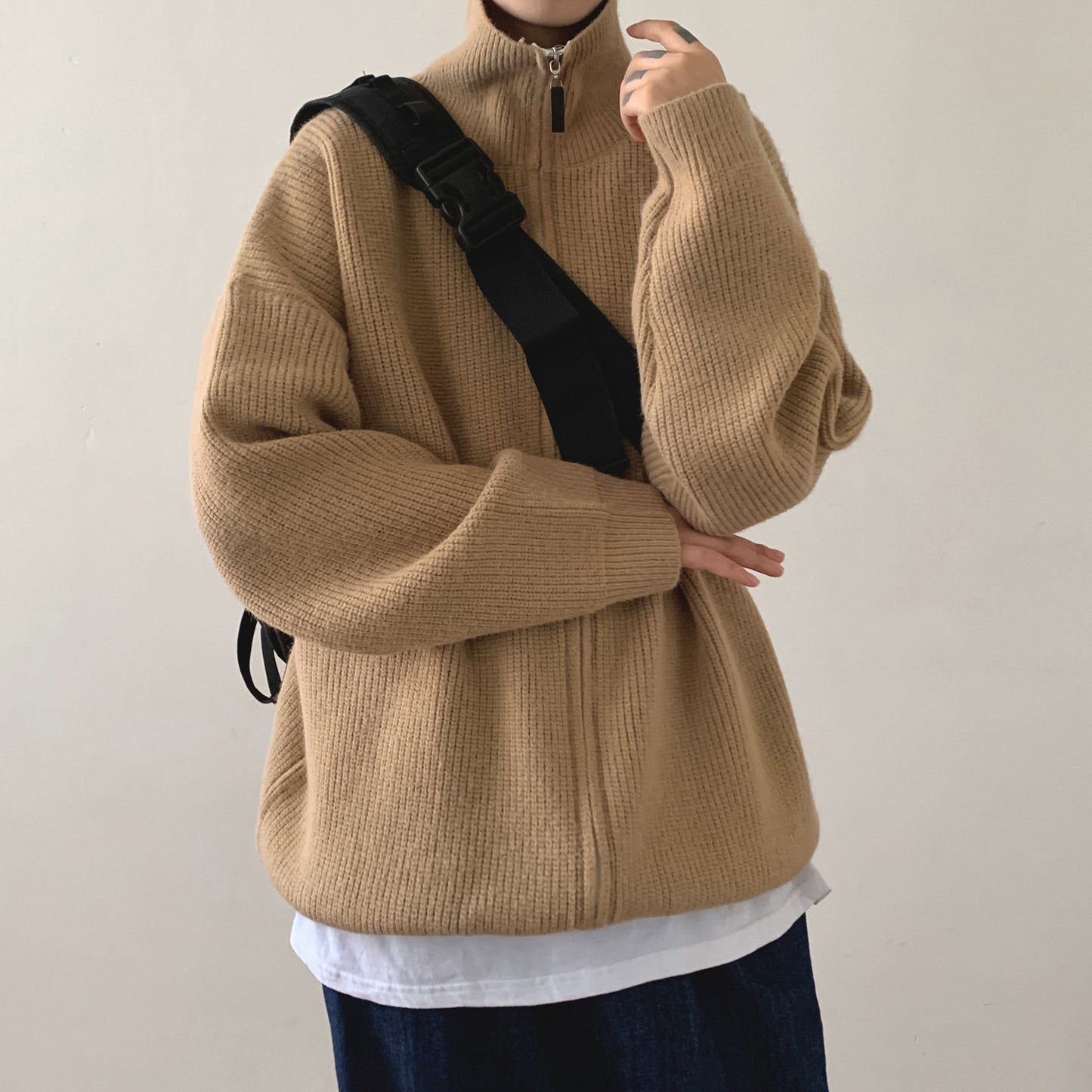 Men's Thick Solid Color Turtleneck Zipper Knitwear Cardigan Sweater