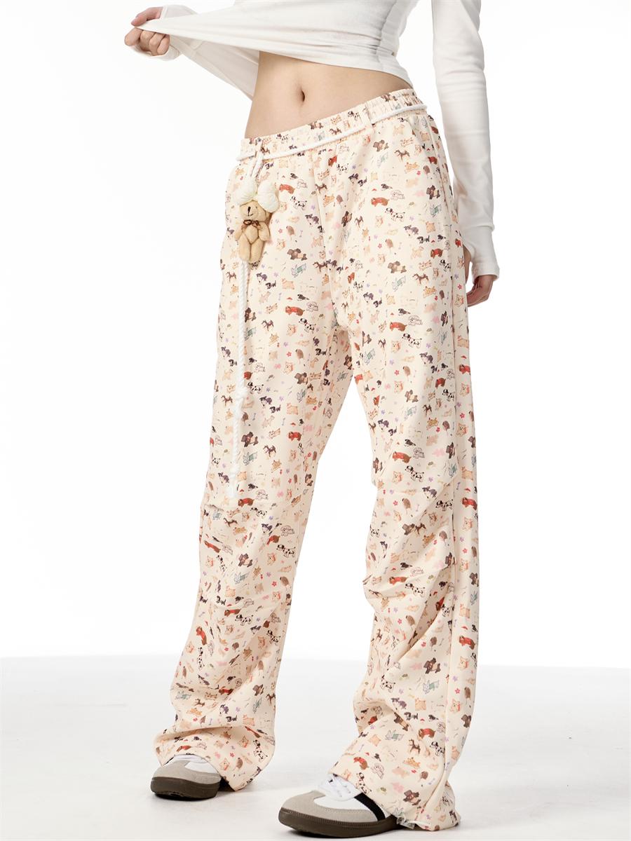 American Hand Drawn Puppy Full Printed Casual Pants Cute Doll Drooping Wide-leg Pants Female