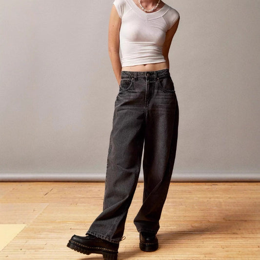 New Retro Black Straight-leg High-waist Jeans