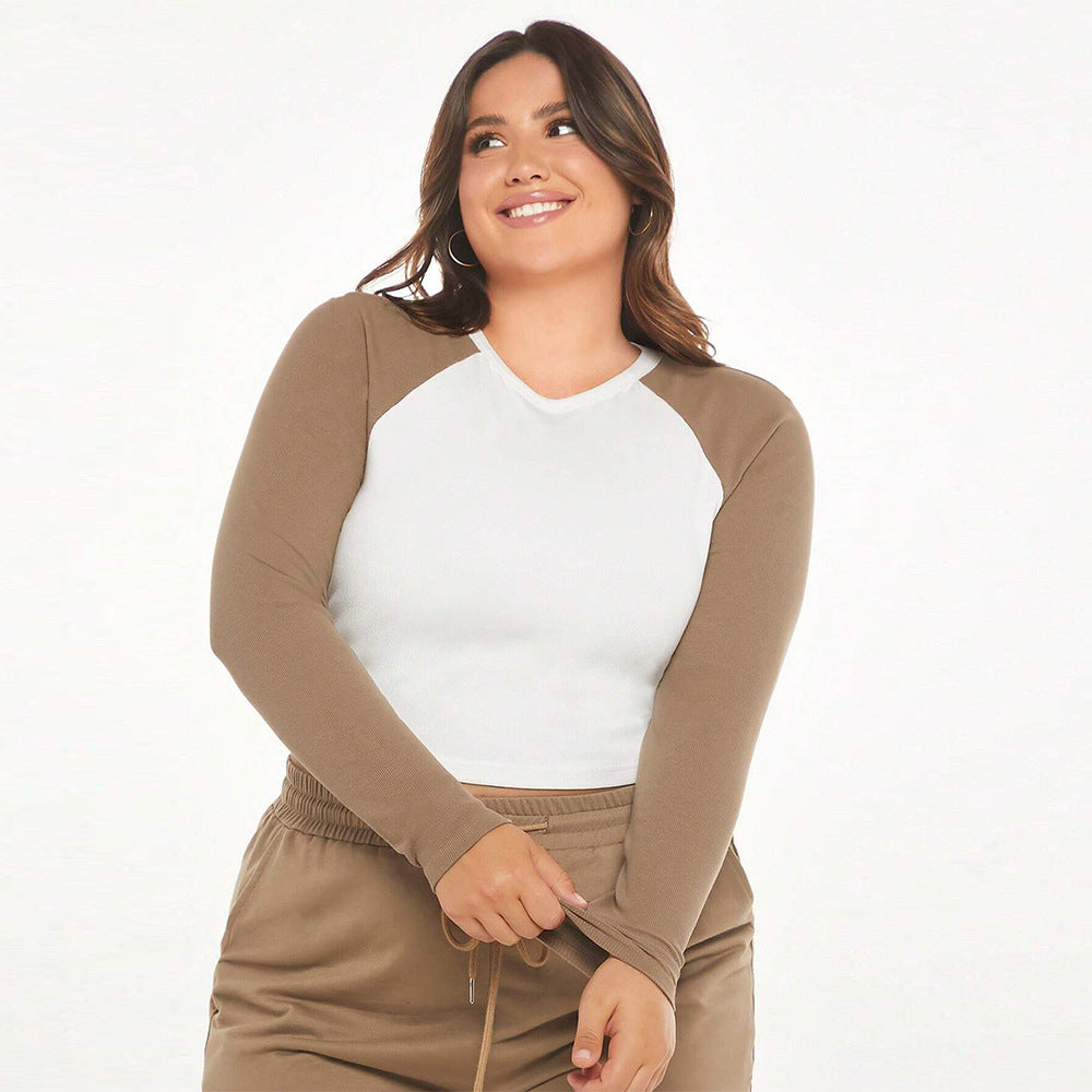Women's Slim-fitting Round-neck Short Spliced Color-block Long-sleeve Top