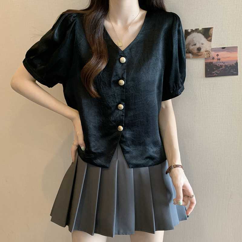 Women's Korean-style V-neck Solid Color Acetate Shirt With Short Sleeves