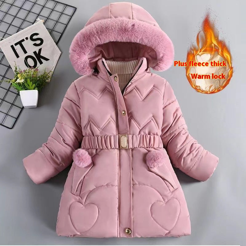 Girls' Mid-length Fleece-lined Thickened Cotton Coat