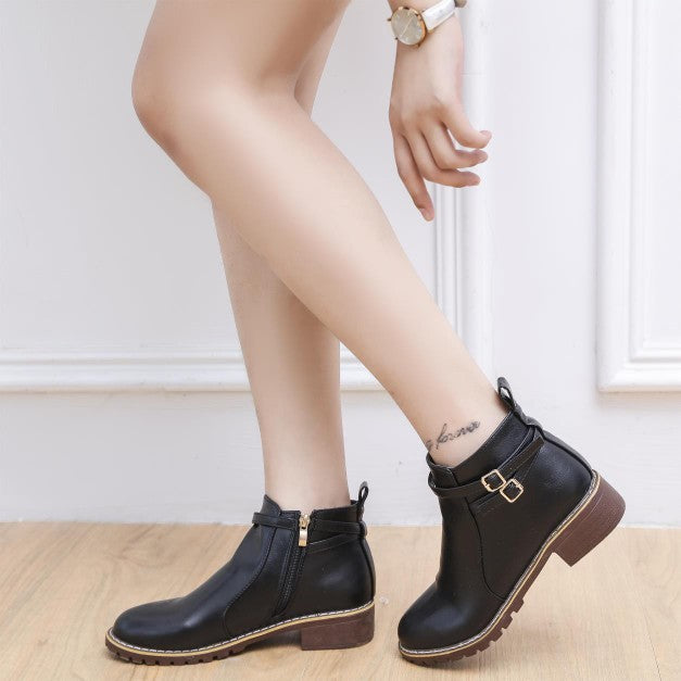 Womens Low-heeled Leather Buckle Ankle Boots