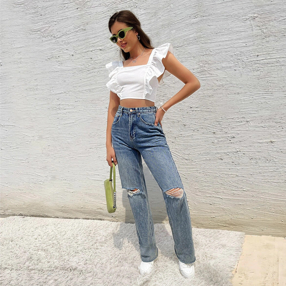 Women's New Backless Tie-up Flutter Sleeve Sweet And Fresh Sleeveless Top