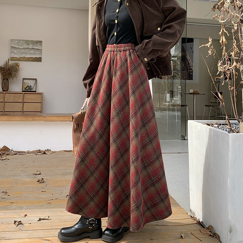 Thickened Woolen Plaid Color-blocked Long Flared Skirt