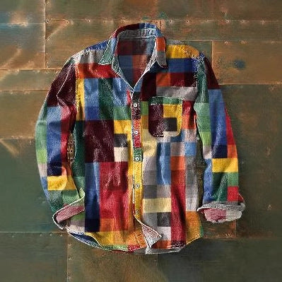 Retro Color Matching 3D Printed Men's Long Sleeve Button Shirt