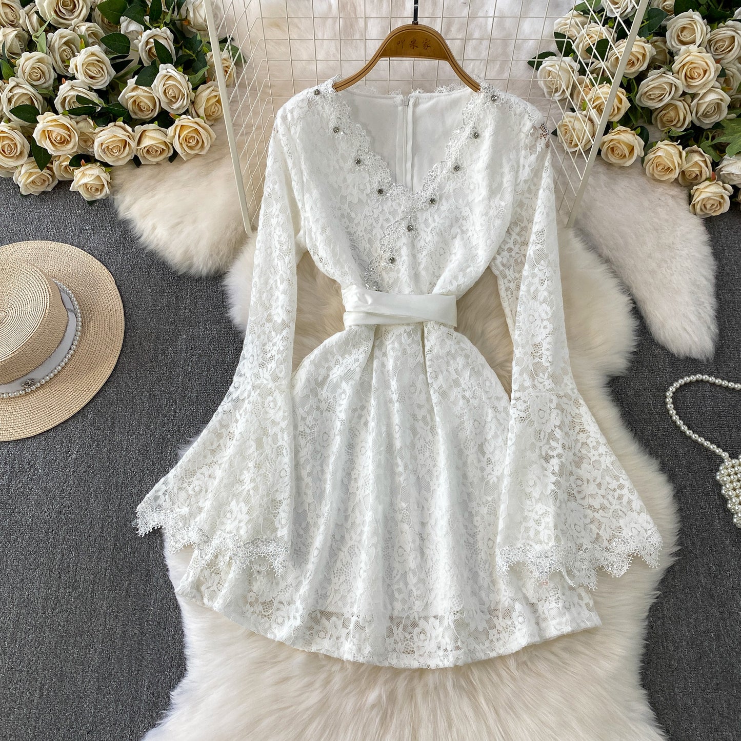 Flocked Lace V-Neck Dress With Diamond Embellishments