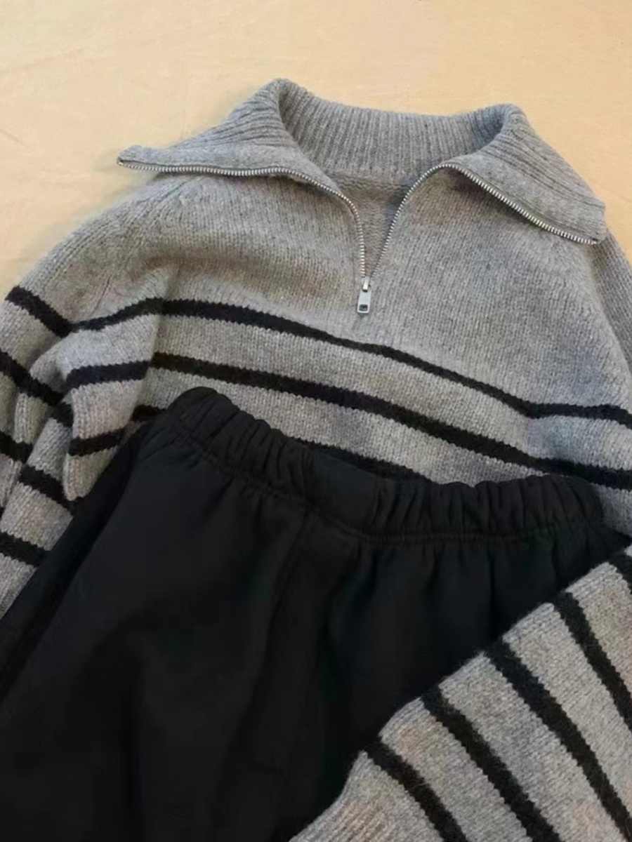 Gray Half Zip Turtleneck Striped Knitted Sweater