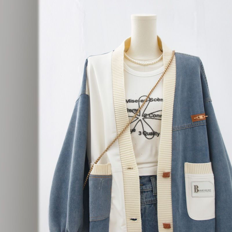 Hong Kong Style Patchwork Denim Jacket Women's Fat