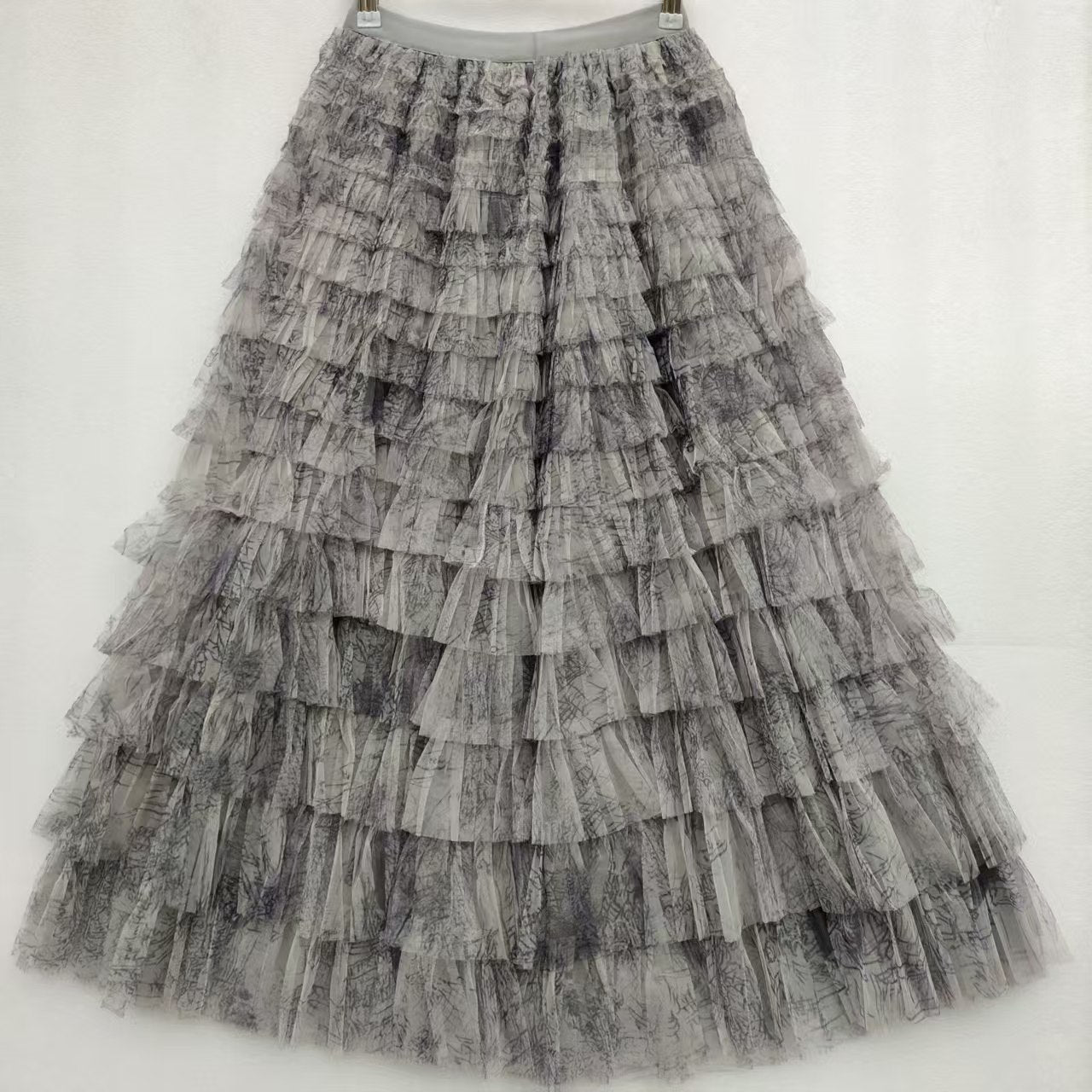 Plus-size Women's Mid-length Tie-dye Ink Print Mesh Skirt