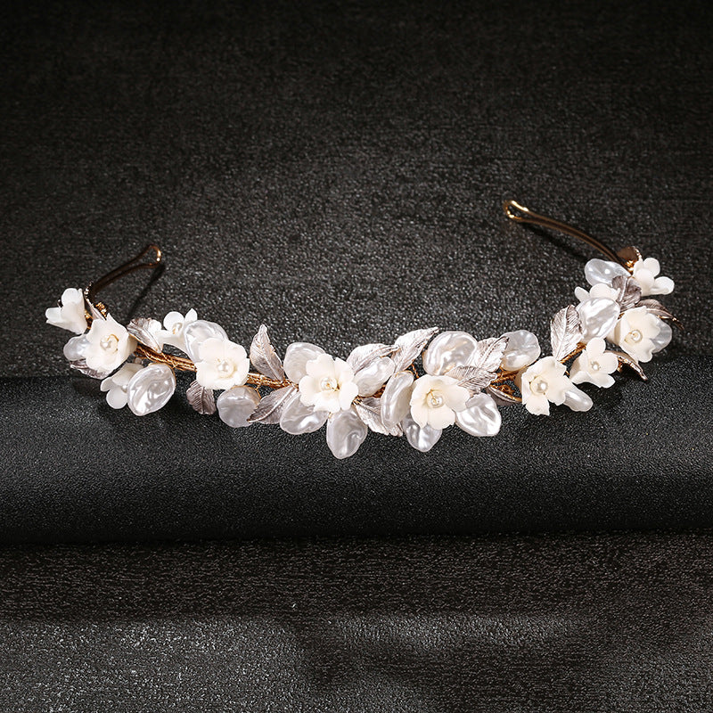 Golden Leaf Bridal Headwear Ceramic Flower Hair Ring