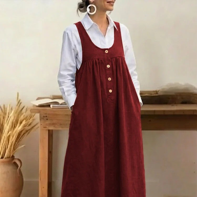 Loose Overalls Dress Casual U-neck Button Pockets Dresses Summer Spring Clothing
