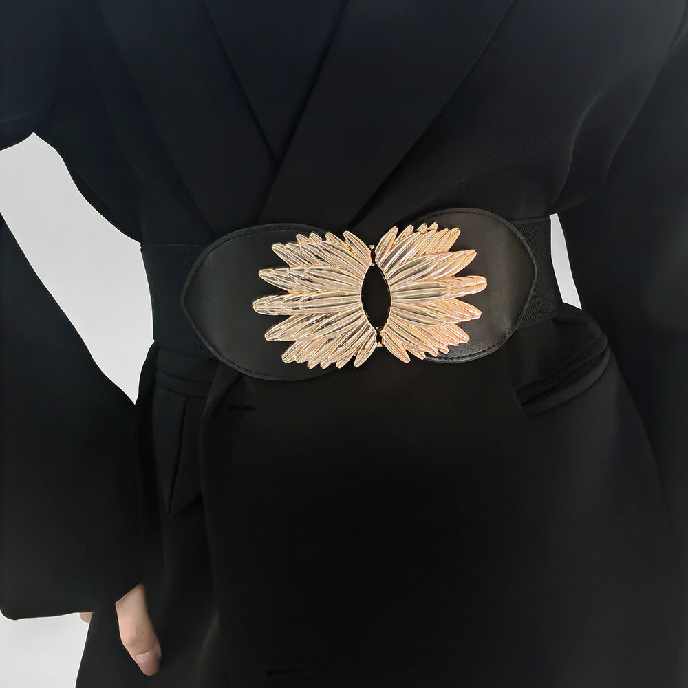 New Autumn Winter Black Elastic Waistband Sunflower Alloy Buckle Waist Cover All Match Slim Elegant Design Decorative Coat