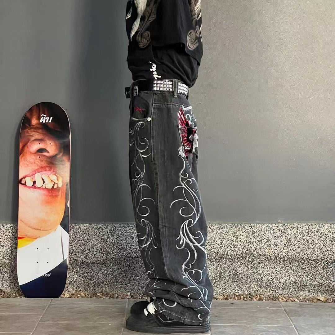 Retro American Style Loose Embroidered Straight Pants