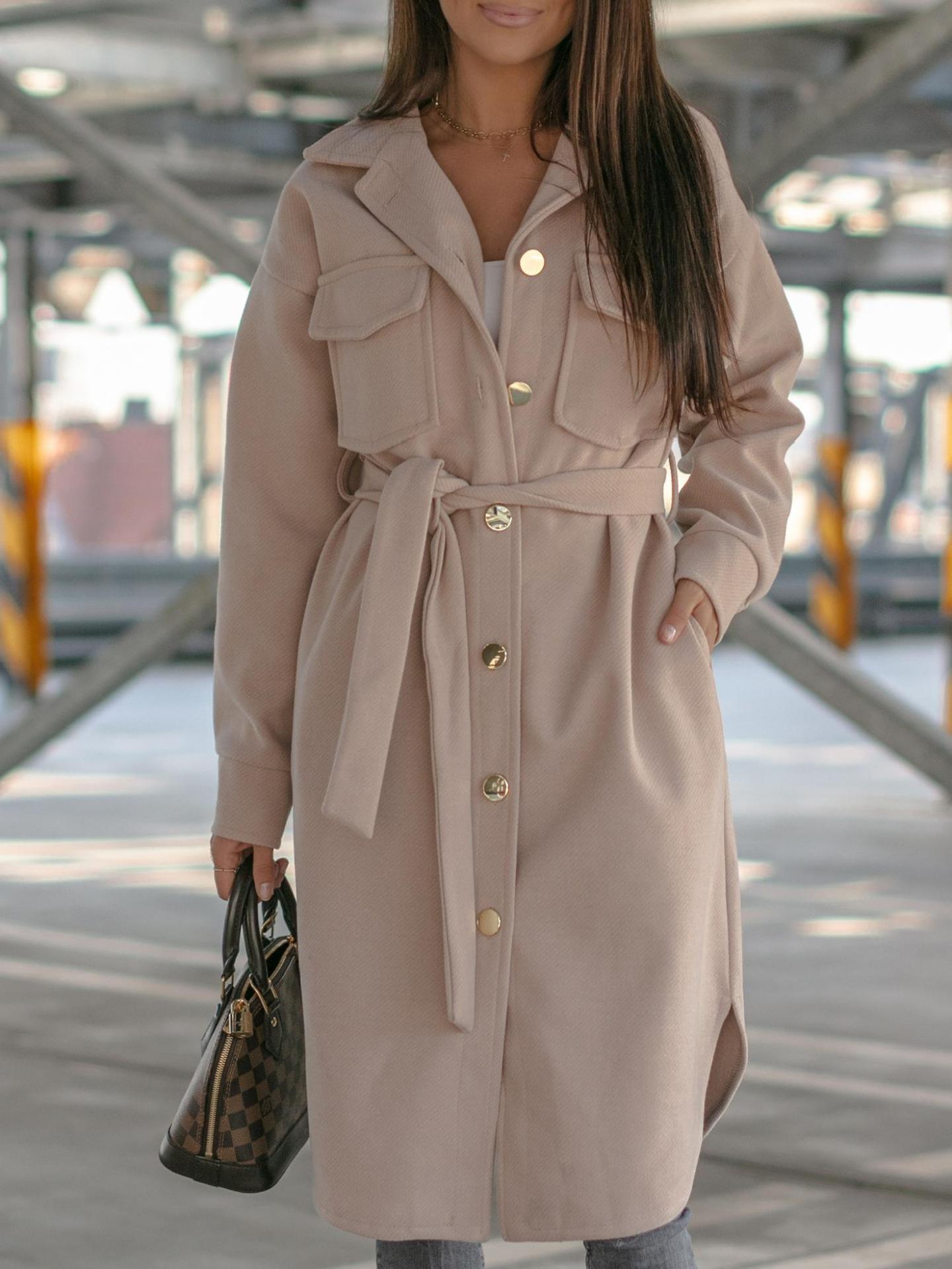 Solid Color Lace Long Sleeve Woolen Coat