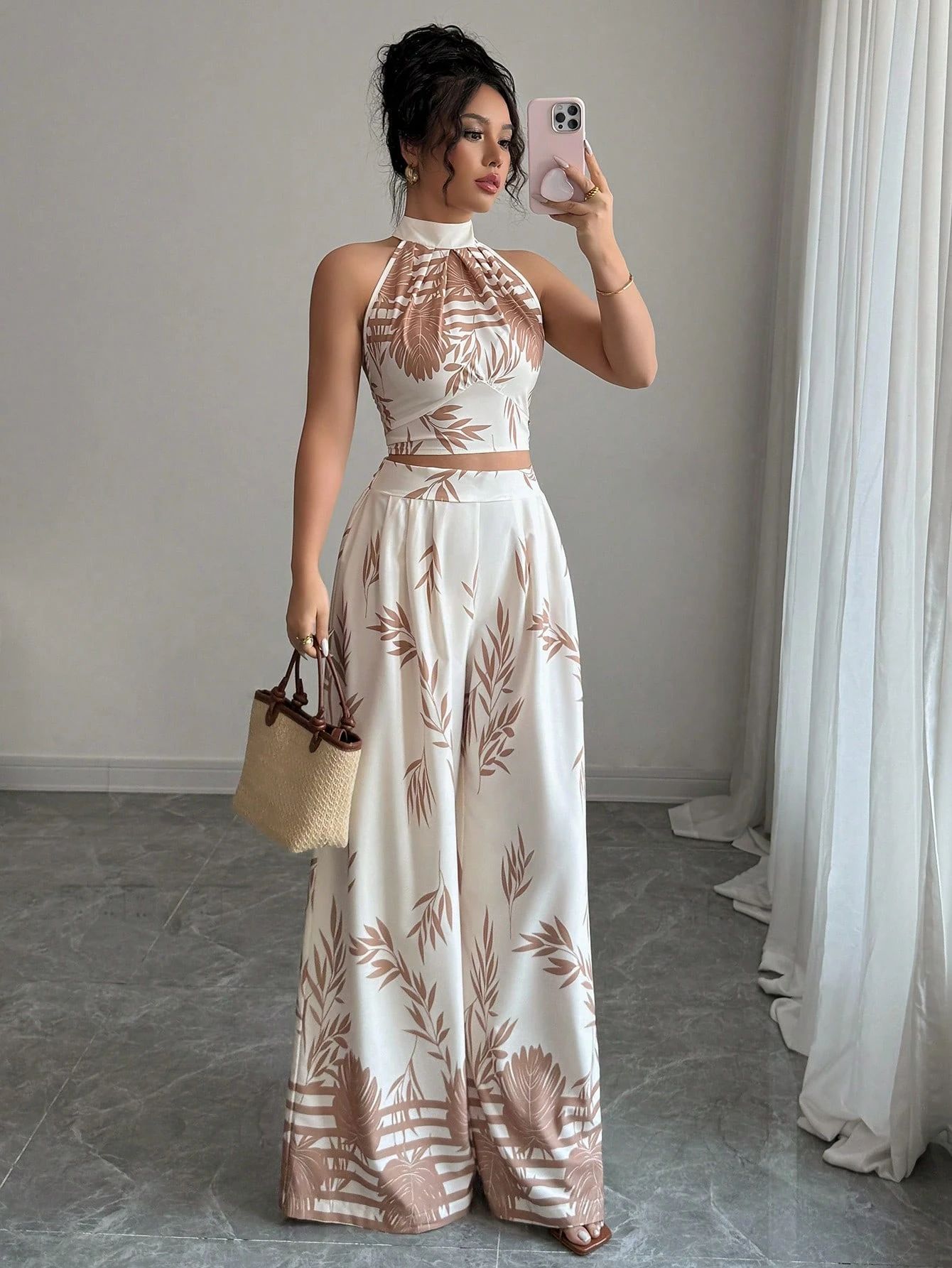 Neck-hanging Vest And Wide-leg Trousers Printed Set