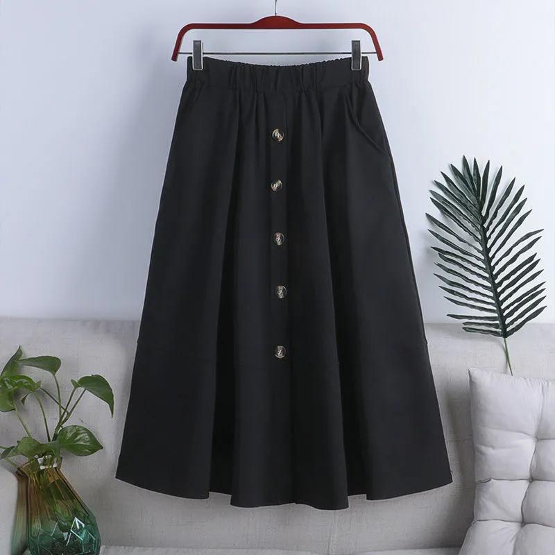 Japanese Style All-matching Button Elastic Waist Big Hem Skirt