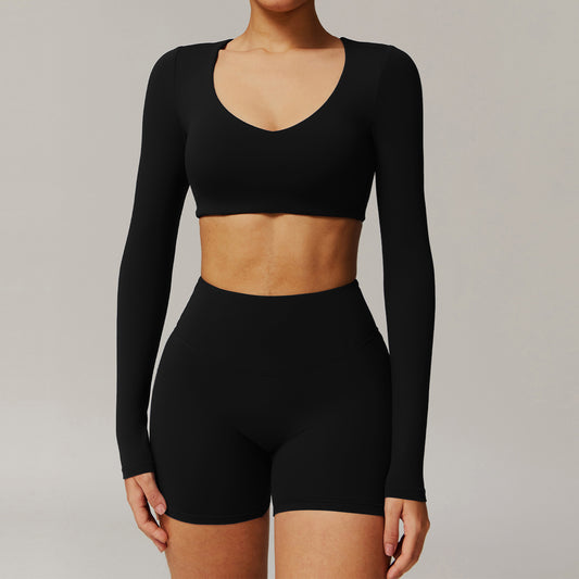 Tight Quick-drying Yoga Long-sleeved Women's V-neck Short Top Fitness T-shirt