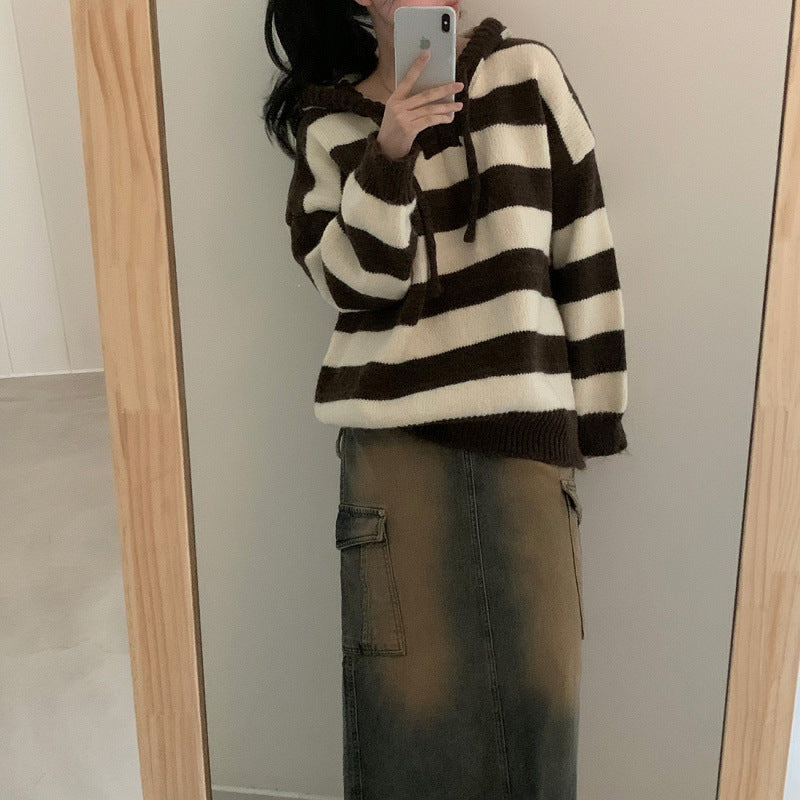 Contrast Color And Versatile Long Sleeve Hooded Striped Sweater Pullover