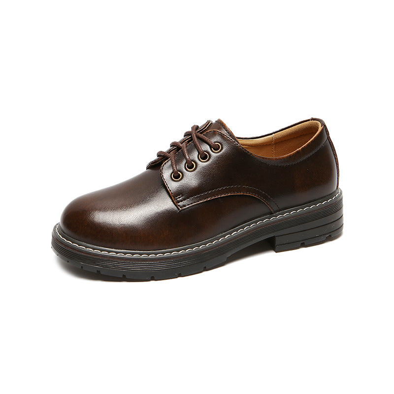 Fashion Little Leather Female Black Round Toe Retro Student Flat Shoes