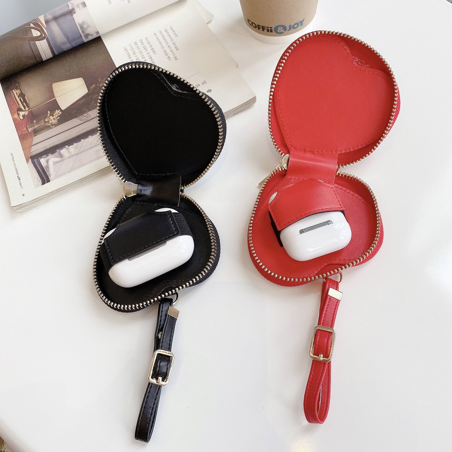 Heart Shaped Embroidered Zipper Earphone Leather Case