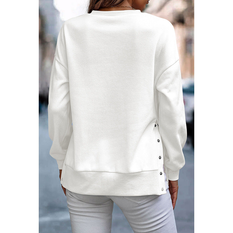 Solid Color Pullover Women's European And American Leisure Style Slit Loose Flab Hiding Long Sleeve Bathroom