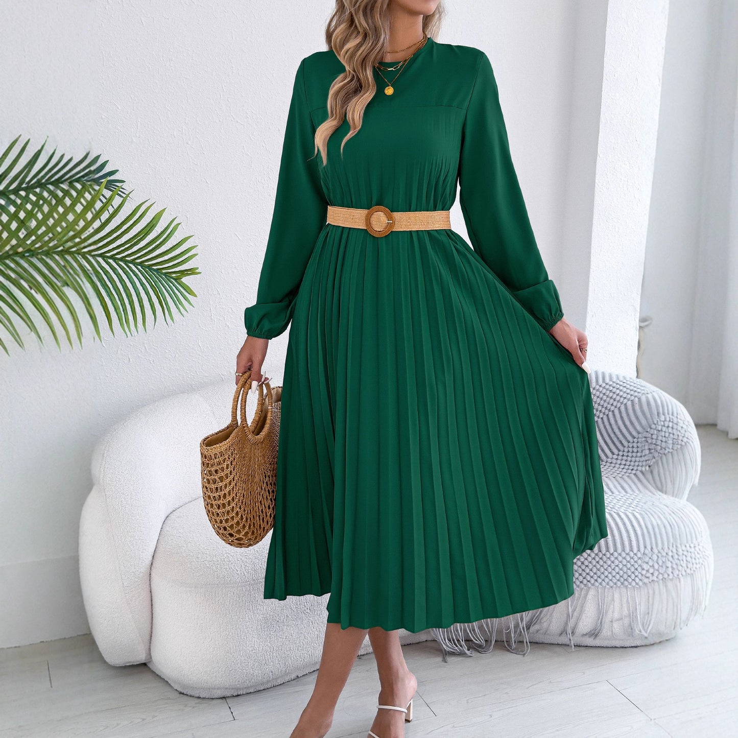 Casual Solid-color Long-sleeve Pocket Pleated Dress