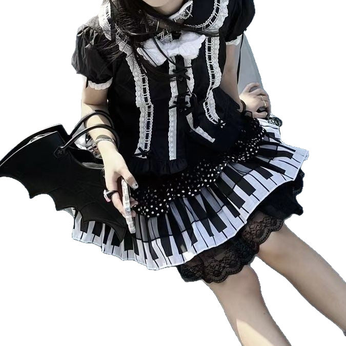 Punk Mid-ancient Black And White Piano Keys Polka Dot Lace Short Skirt