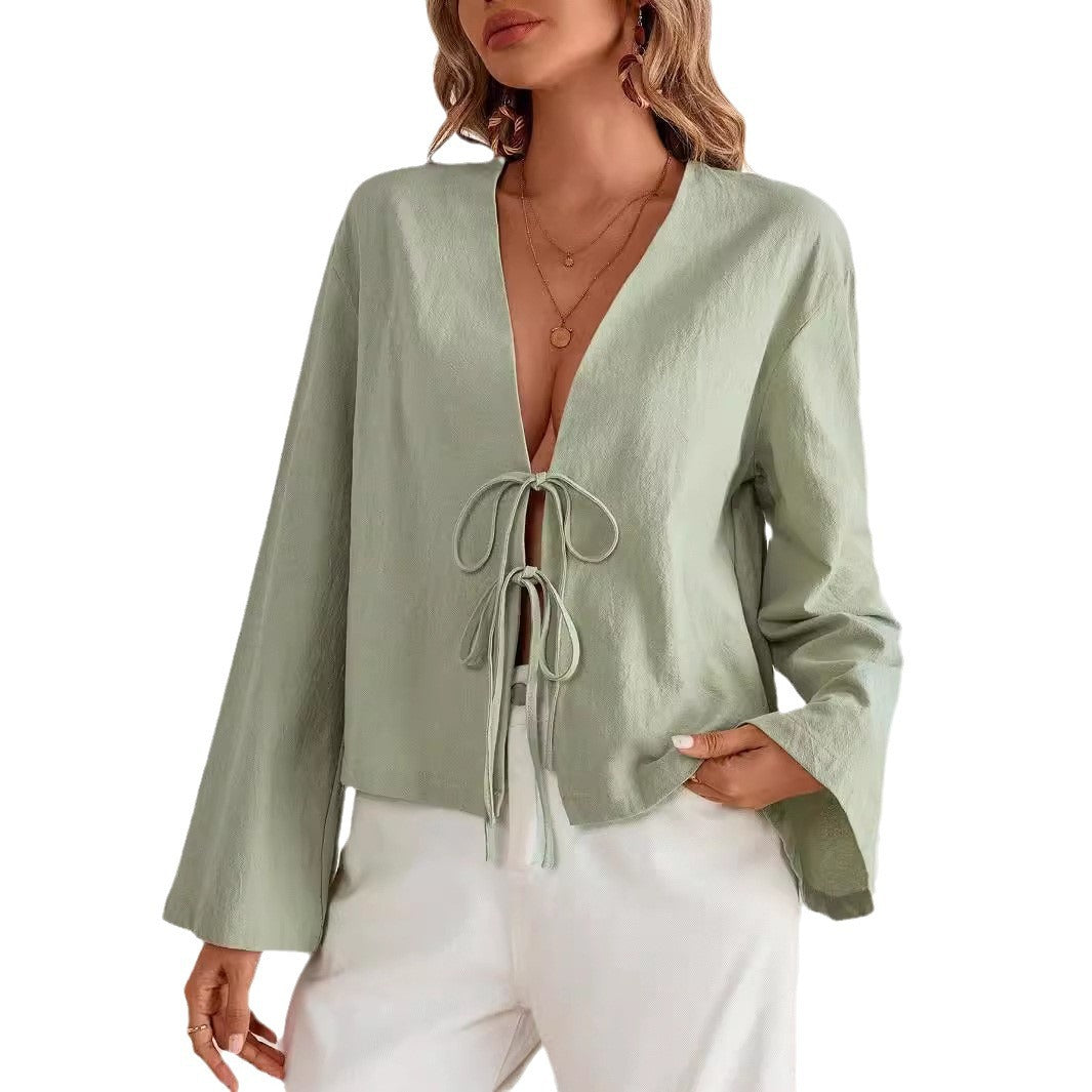 Womens Casual Loose V-Neck Hollowed Solid-Color Shirt