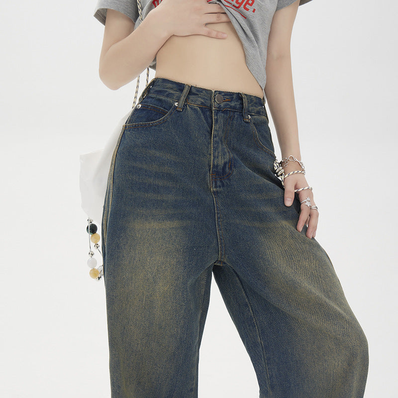 Vintage stribede vide straight jeans til kvinder