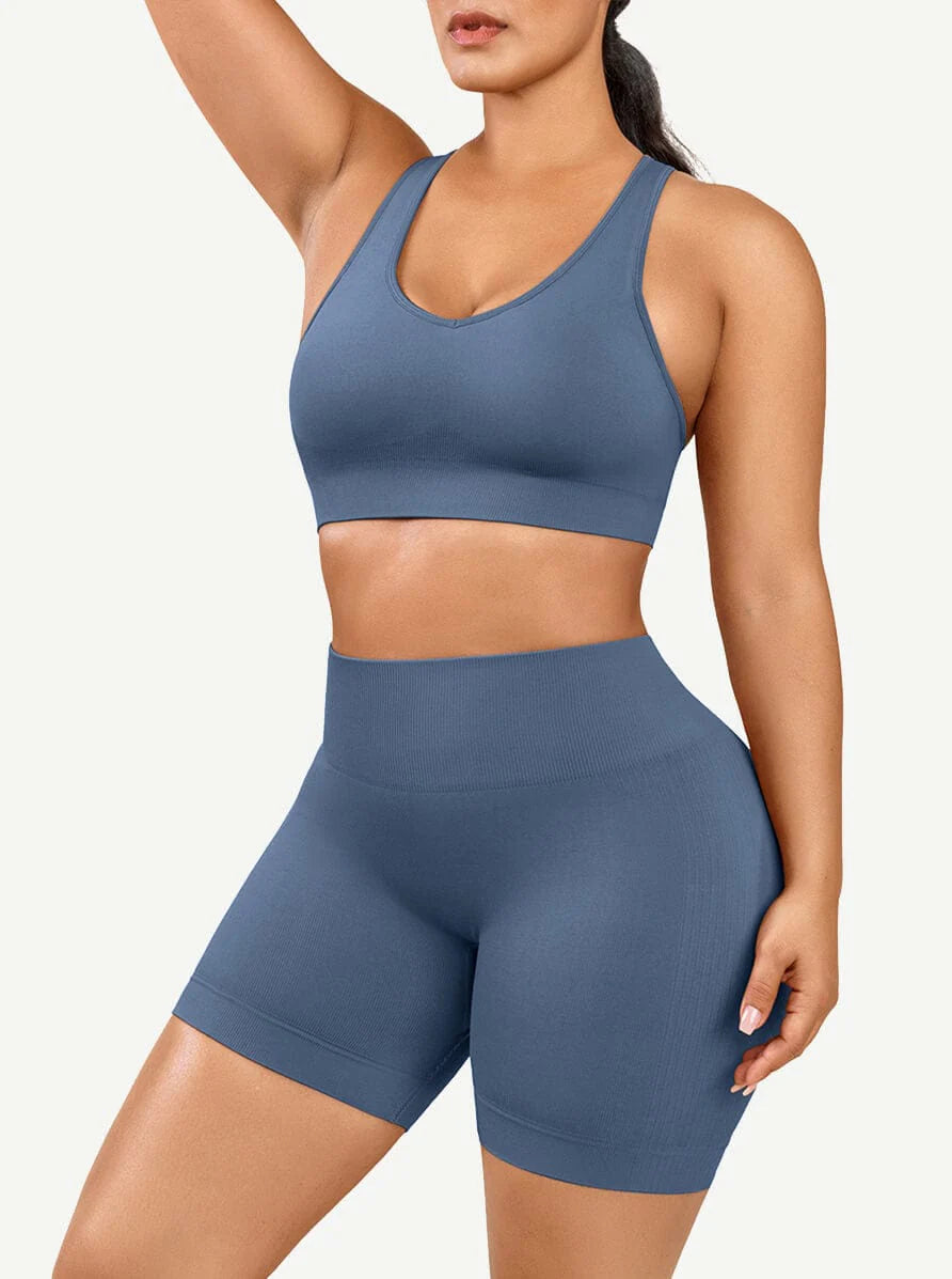Eco-friendly Sexy V Neck Seamless Sportswear Biker Shorts Set